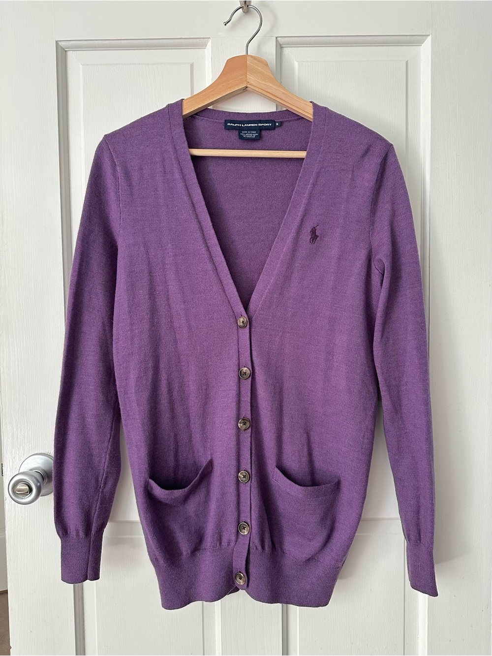 Ralph Lauren Sport Purple Merino Wool Cardigan Sweater V-Neck Boyfriend Size M